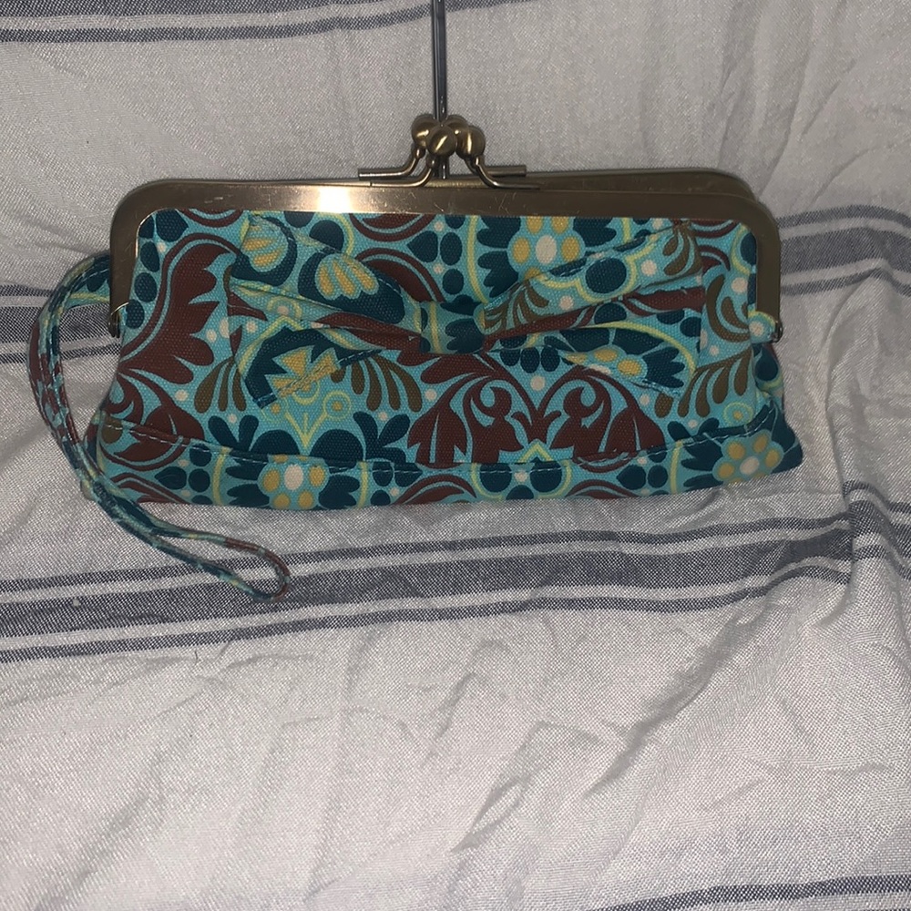 Turquoise & Brown double kiss lock clutch / wristlet